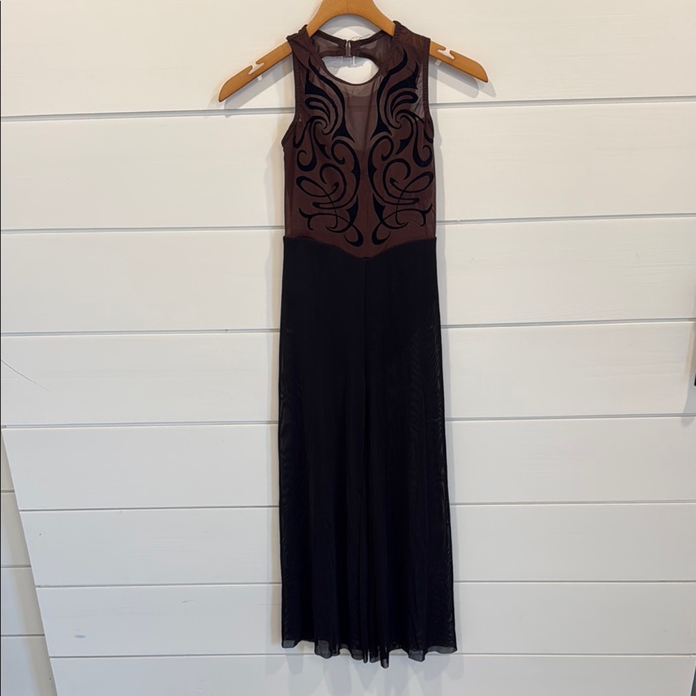 Girls Black and Brown Jumpsuit Dance Costume with Sheer Mesh Bodice
